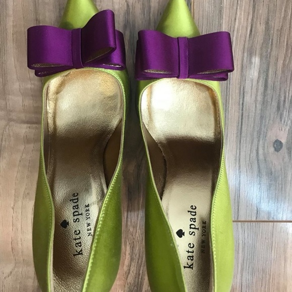 Kate Spade Size 6 Heels Green Purple Satin Bow - Picture 4 of 6